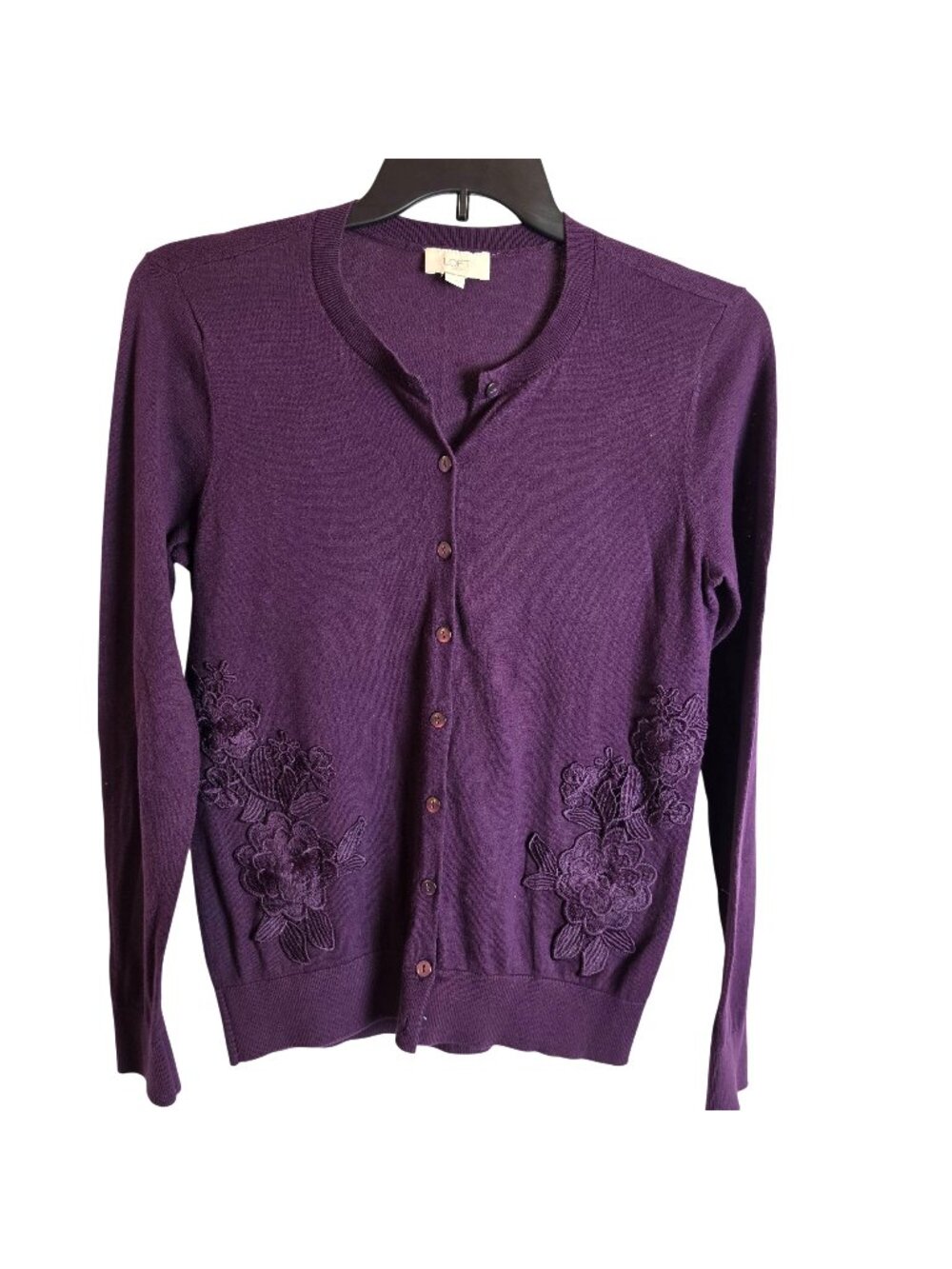 LOFT Plum Purple Floral Applique Button Front Cardigan Sweater Women Size M
